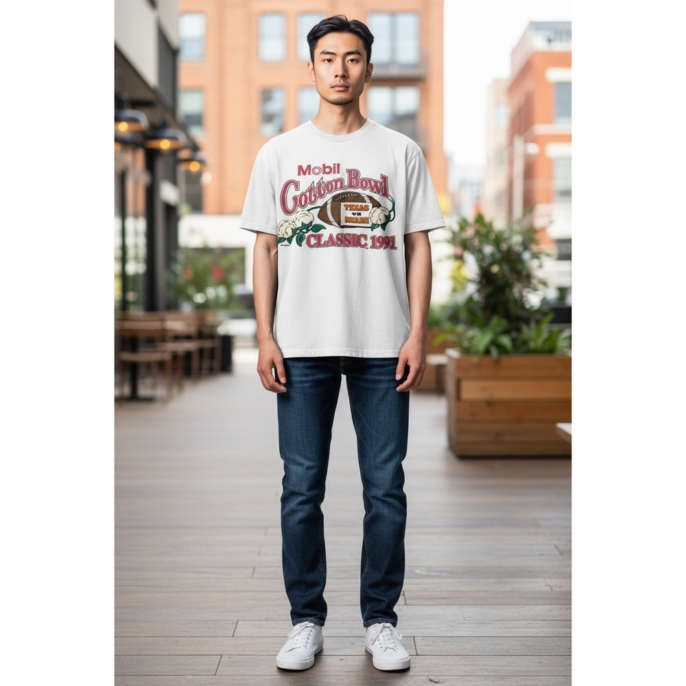 VTG!1991 Mobil‎ Cotton Bowl Single Stitch T-Shirt Texas vs Miami Hanes Beefy-T M